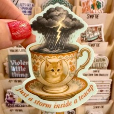 Storm in a Teacup Cat Sticker   Moody Vintage Teacup Art   Whimsical Aesthetic