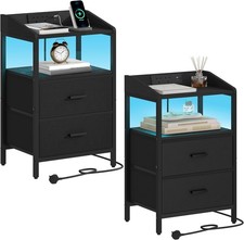 Bedside Tables Set of 2 with LED Lights and Charging Station, Bedside Cabinet wi