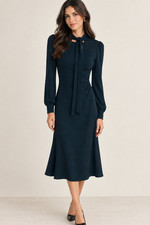 DVF Ruched Waist Tie-Neck Midi Little Black Dress 1940's Witchy Practical Magic