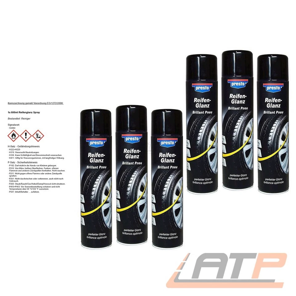 6x 600ml PRESTO REIFENGLANZ SPRAY PFLEGE SCHAUM SCHUTZ GLANZ 383458 32105774