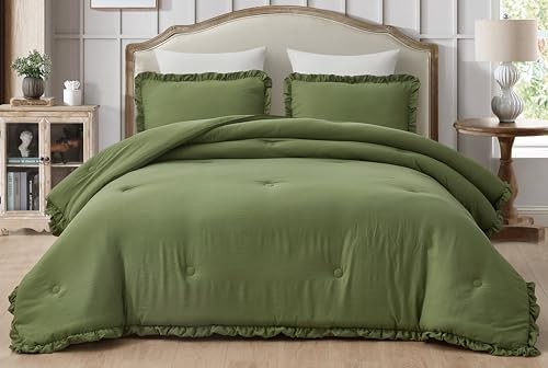 Nora Olive Green Comforter Set King Size 3-Piece Fluffy Soft Lightweight - Picture 3 of 8