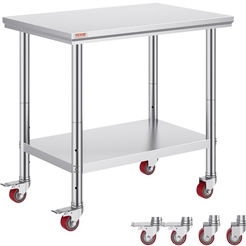 Produktbild von HENGMEI Edelstahl Arbeitstisch 100x60x85 Cm – Höhenverstellbar, Mit Aufkantung, 2 Ablagen, Silber