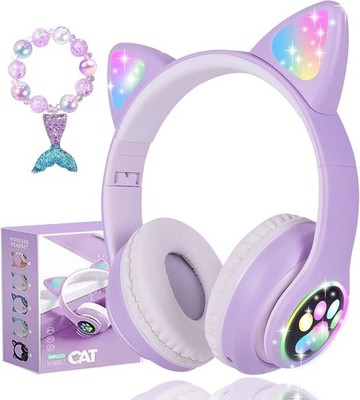 Audífonos Bluetooth infantiles con orejas de gato LED, micrófono y TF card.