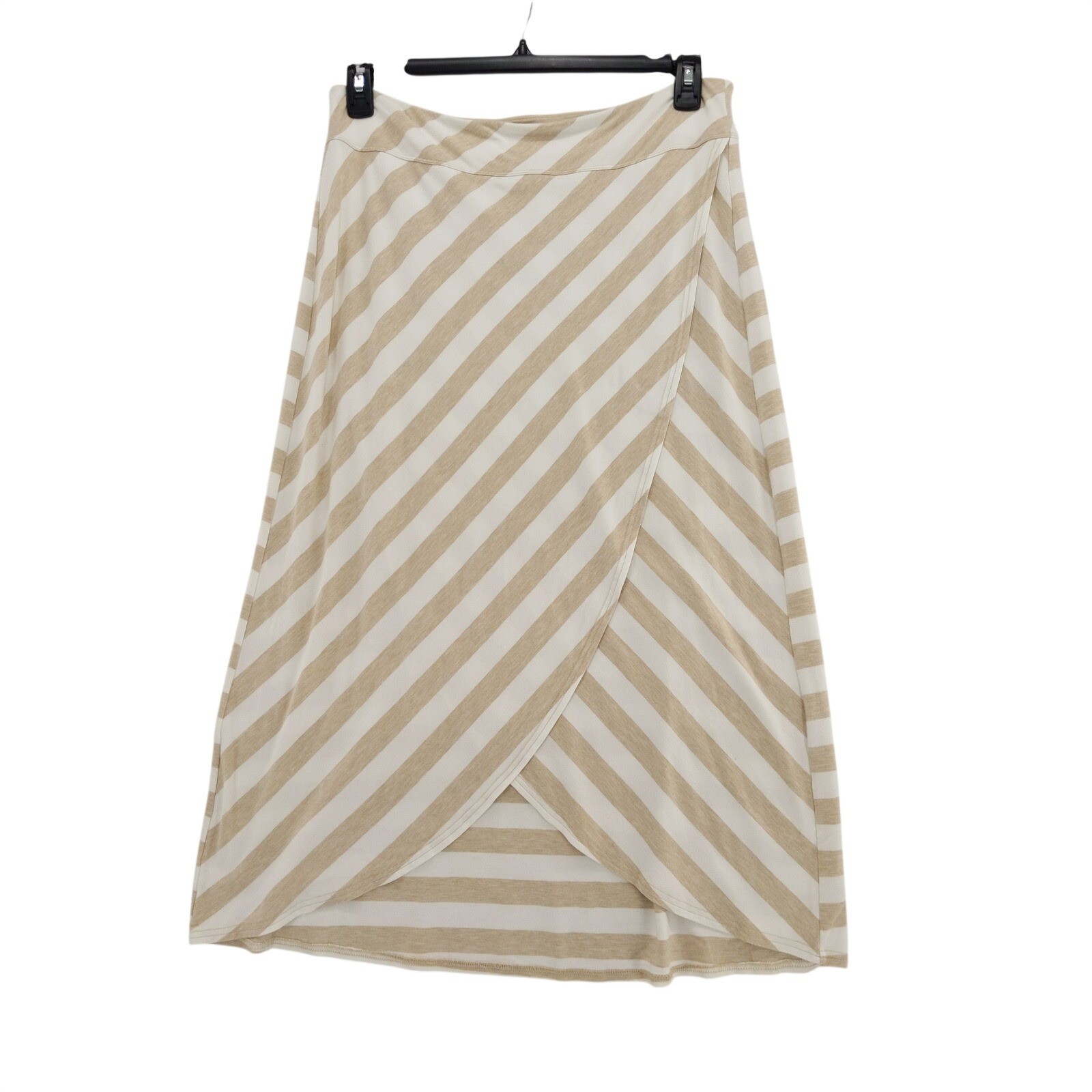 Athleta Ribbon Stripes Midi Skirt Large Tan White Wrap Front Tulip Hem Stretch