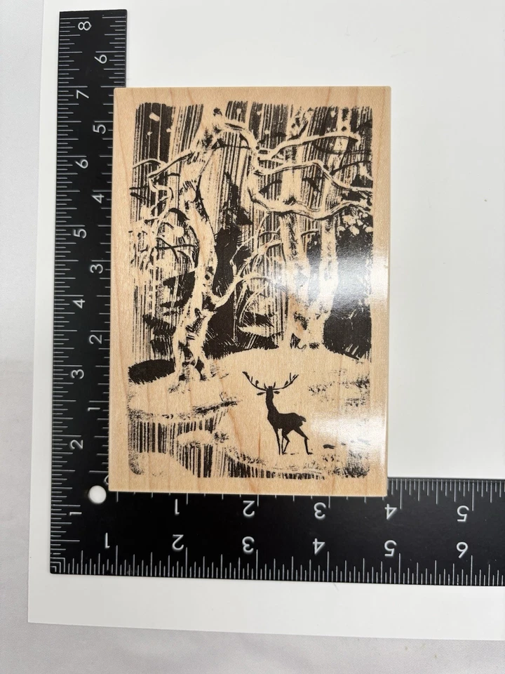 Penny Negro Invierno Madera Paisaje Ciervo Cielo en la Tierra Grande Sello de Goma ¡Nuevo! Foto 3 de 4