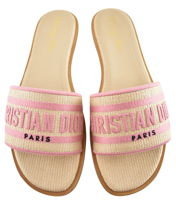 Christian Dior Dway Rose Begonia Pink Raffia Beige Logo Slide Flat
