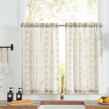 Boho Kitchen Curtains Linen Tier Curtains 24 2 x W26 x L24 Boho Green on Beige
