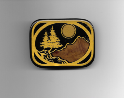 VINTAGE BELT BUCKLE BY HARMONY METAL INLAID WOOD & BRASS 