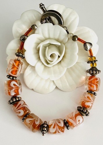 Vintage BOHO Chic Bracelet Chunky Amber Color Beaded, Artisan Made, Toggle, 7.5" - Picture 2 of 7