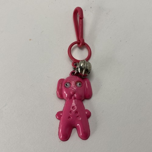 1980s DOG Bell Charm Necklace HOT PINK PUPPY Vintage Plastic Retro Clip On - Picture 2 of 4