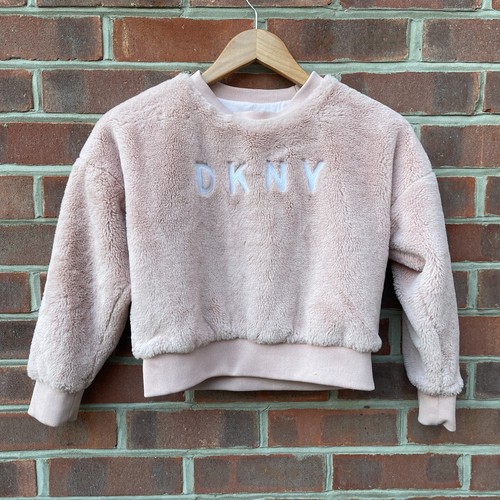 DKNY kurz flauschiger Pullover Sweatshirt rosa Größe UK 10 Damen Rundhalsausschnitt