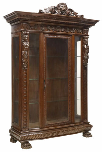 Antique Vitrine Bookcase, Italian Renaiss. Revival, Carved, Walnut, Early 1900s!