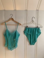 Vintage Two Piece Lingerie Set Size Small Delicates Teal Check Lace NOS