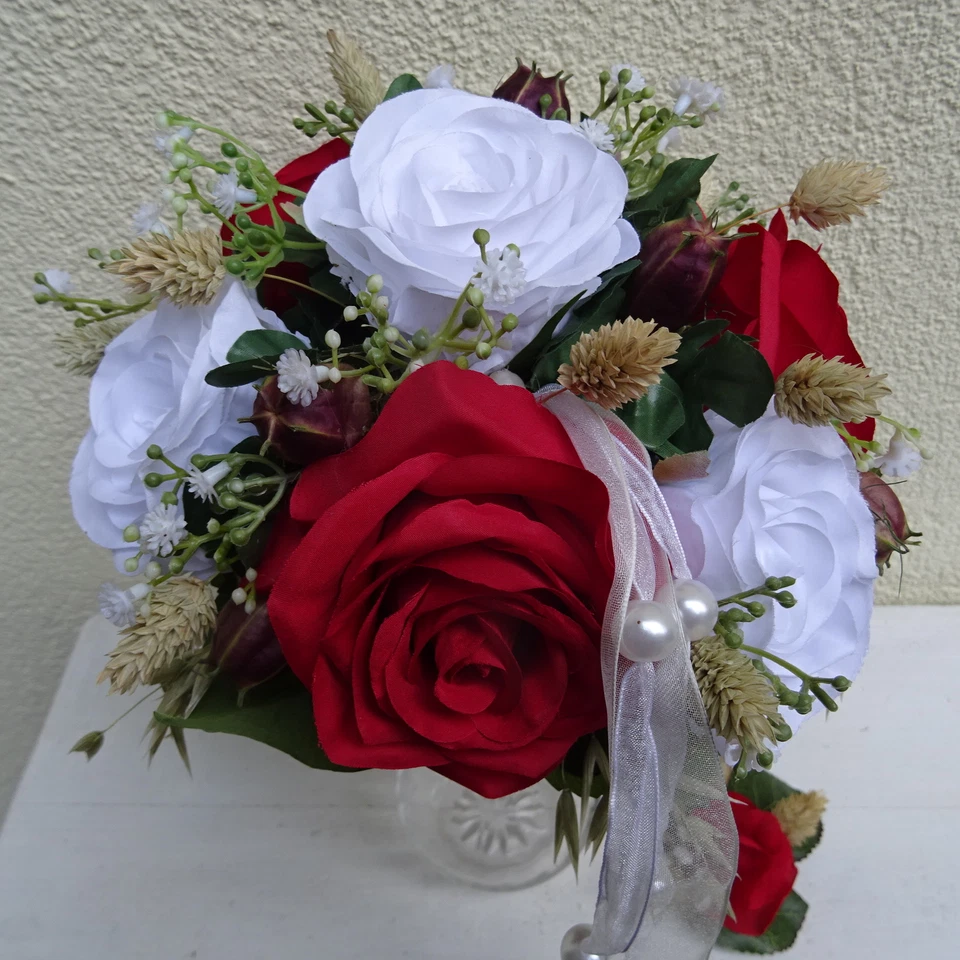 Brautstrauß Hochzeitstrauß Rose weiß rot mit Anstecker Blumenstrauß Strauß Braut - Bild 2 von 4