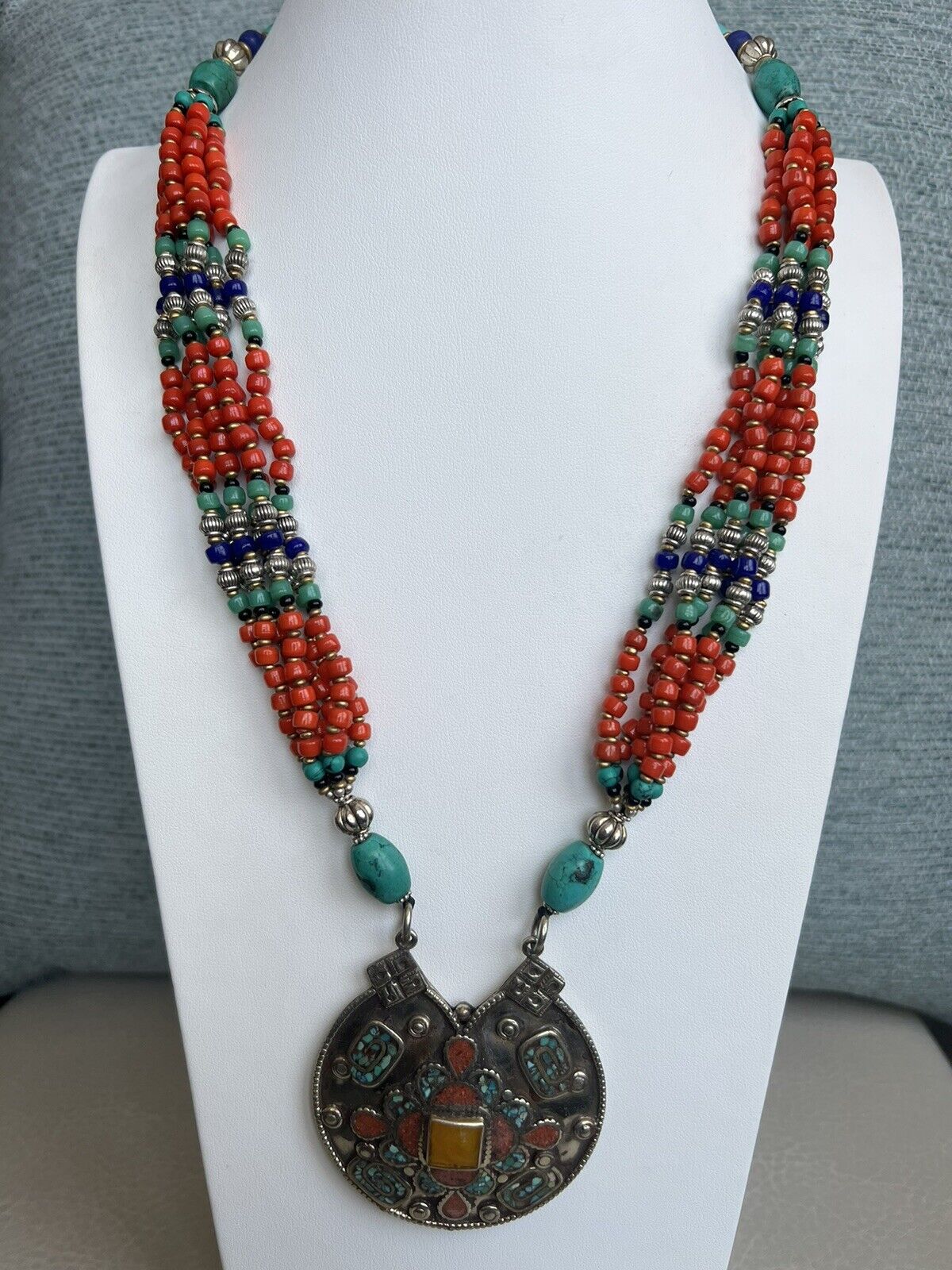 Vintage Indo/Tibet style Turquoise and Coral Hand… - image 1