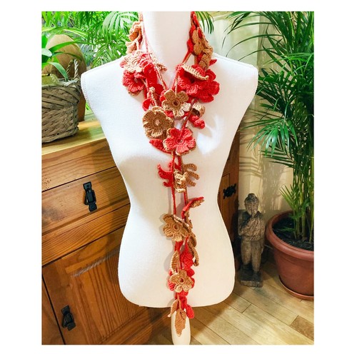 Fancy Hand Crocheted Brown-Red Floral Necklace - Unique Handmade Gift - Picture 6 of 6