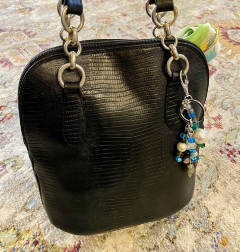 VTG Saks Fifth Avenue Made In Italy Black Leather Shoulder Bag Handbag SF Scarf