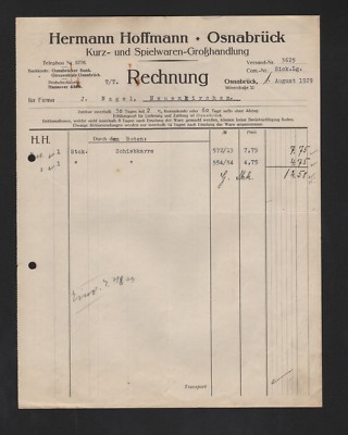 Osnabrück, invoice 1929, Hermann Hoffmann short toys wholesale
