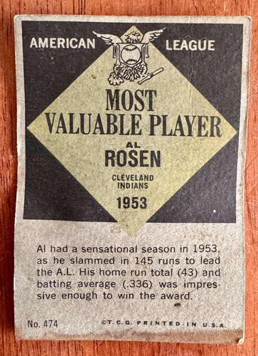 1961 Topps - Most Valuable Players #474 Al Rosen - Picture 2 of 2