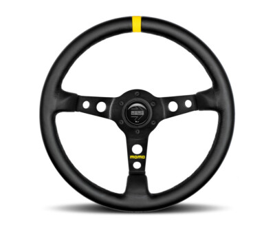 MOMO R1905/35L MOD 07 350mm Black Leather Racing Steering Wheel 3Spoke 72mm Disc