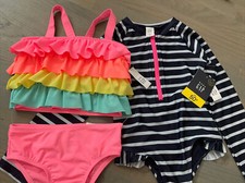 NWT Baby Gap girl 3-piece navy striped rash guard ruffled swim suit bikini SET 5