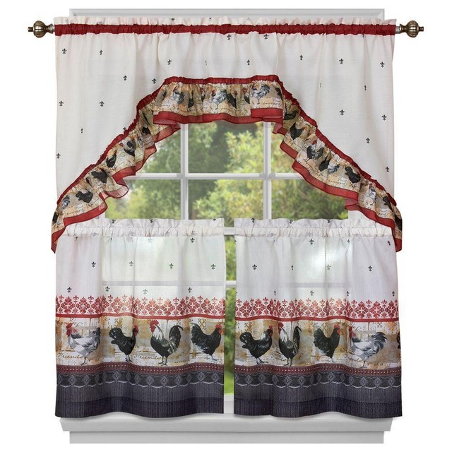Kitchen Curtains Tier (57" x 36") & Swag (57" x 30") Set, ROOSTER by