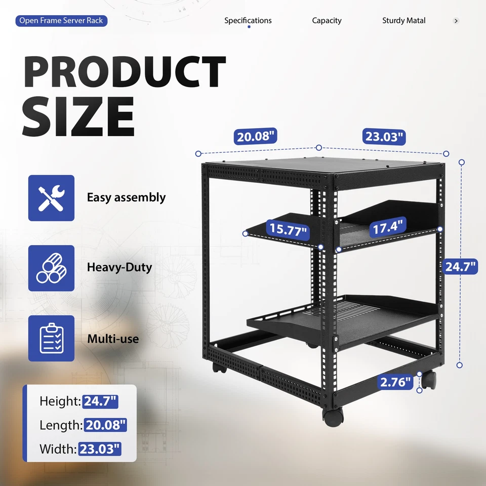 New 12U 4 Post Open Frame Server Rack Network Enclosure 23''-40'' Adjustable - Image 2 of 4