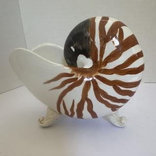 Glossy Ceramic Nautilus Shell decor Striped White Brown Black 8"