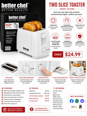 Better Chef Two Slice Toaster   Model IM-210W | Fast, Even Toasting for Every Mo