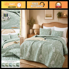 King Size Sage Green Boho Quilt Set - 3 Piece Floral Microfiber Bedding, Reversi
