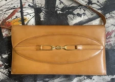 Vintage 70s Bruno Magli Camel Tan Leather Italian Clutch or Shoulder Bag Purse