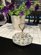 Vtg Lefton Purple Violet's Tidbit Jewelry Dish Brass Handle Hand Painted Japan