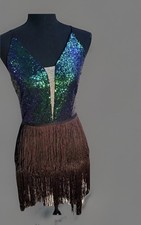 Women s S Blue/Green Sequins Blk. Fringe Latin Dance Dress Performance Outfit