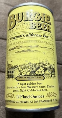 BURGIE Light Golden Crimped Steel Beer Can Burgie Brewing Co 2 Cities