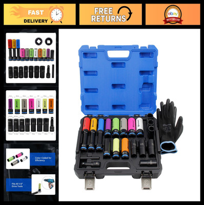 20PC 1/2'' Drive Lug Nut Socket Set - Color Coded, Thin Wall, 6-Point Impact Kit,