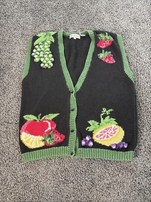 Vintage Bechamel Cardigan Sweater Vest Womens Large Fruit Black 3d knit