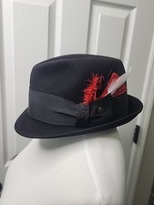 Vtg Champ Kasmir Feel the Felt Fedora Hat Sz 7 1/8 Black Feather trim IndianCoin