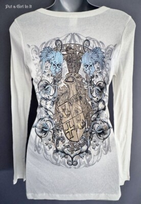 USA New VOCAL Womens CRYSTAL WHITE BLUE GOLD FOIL SKULL WINGS SHIRT S SMALL