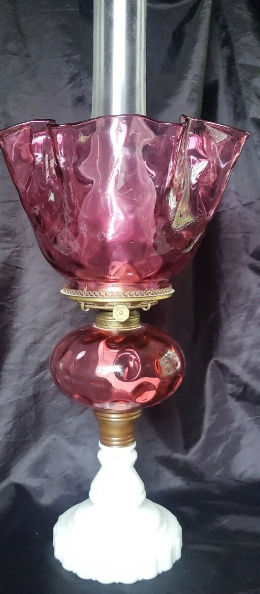 Vtg Fenton Cranberry Coin Dot Oil Lamp w White Milk Glass Base