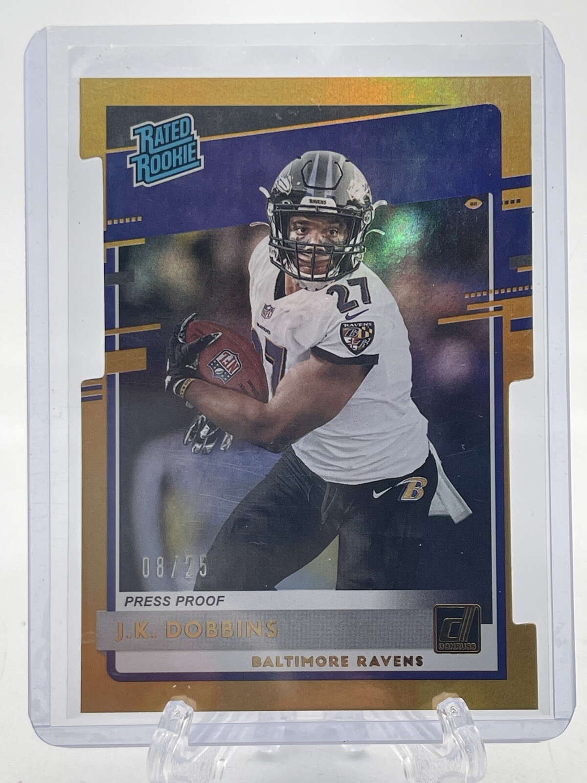2020 Donruss JK Dobbins Gold Press Proof /25 Die Cut Baltimore Ravens Rookie