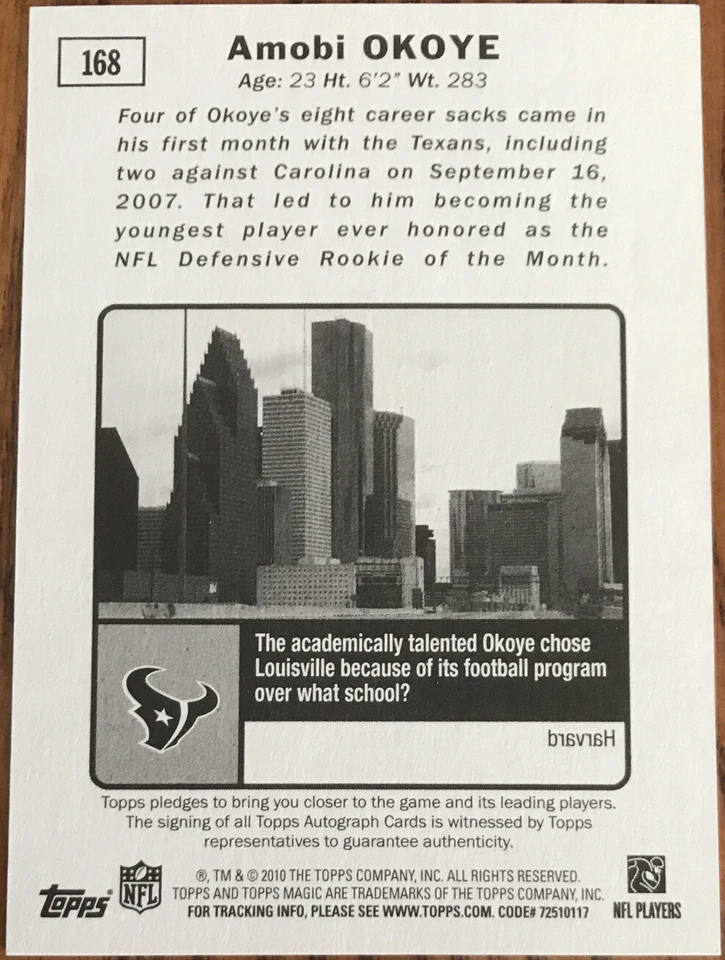 2010 Topps Magic Autographs Amobi Okoye #168 Houston Texans - Image 2 of 2
