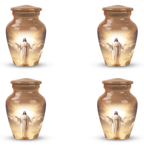 Set Of 4 Jesus Christ In Front Of Holy Cross In Sky Mini Keepsake Urn Human Ash - Picture 1 of 9