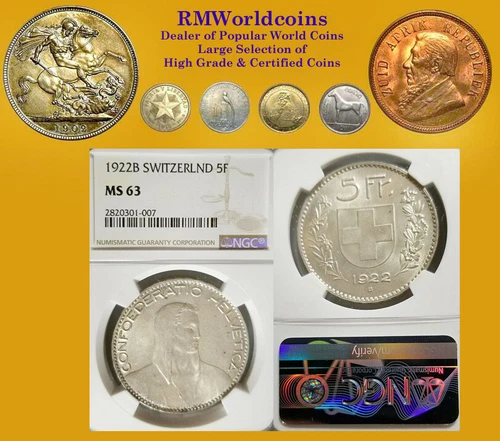 Switzerland 1922 5 FR, Frosty NGC 63, Sharp Detail, Luster Fields. Rare Key Date