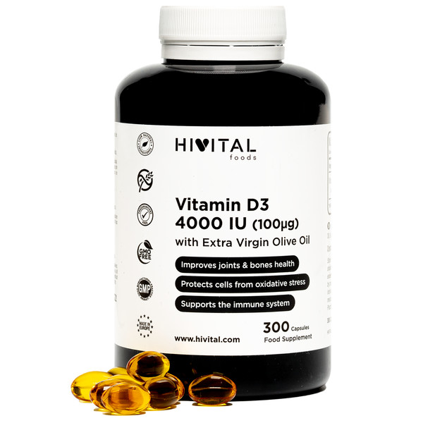 Vitamina D3 Natural 4000 UI | 300 perlas (Suministro para 10 meses) | de Hivital