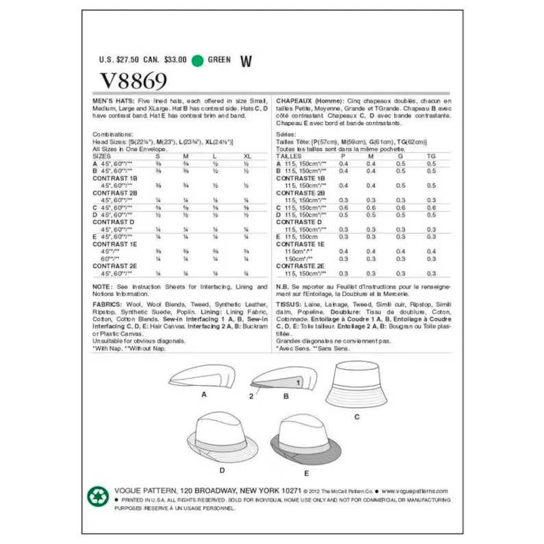 Vogue Sewing Pattern 8869, 5 Lined Hats in 4 Sizes, New FF - Image 3 of 3
