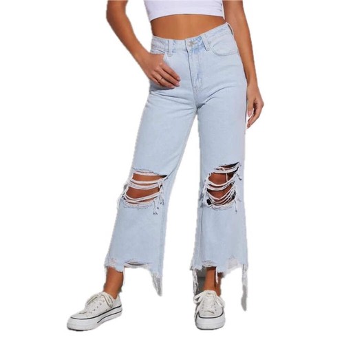 Womens Mid Rise Ripped Jeans for Women Loose Fit Cropped Denim Pants Straight Le