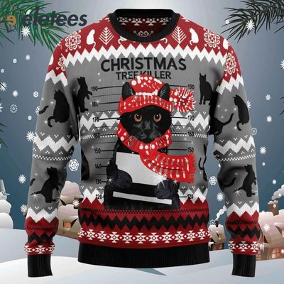 Black Cat Tree Killer Ugly Christmas Sweater Playful Cat Lover Gift