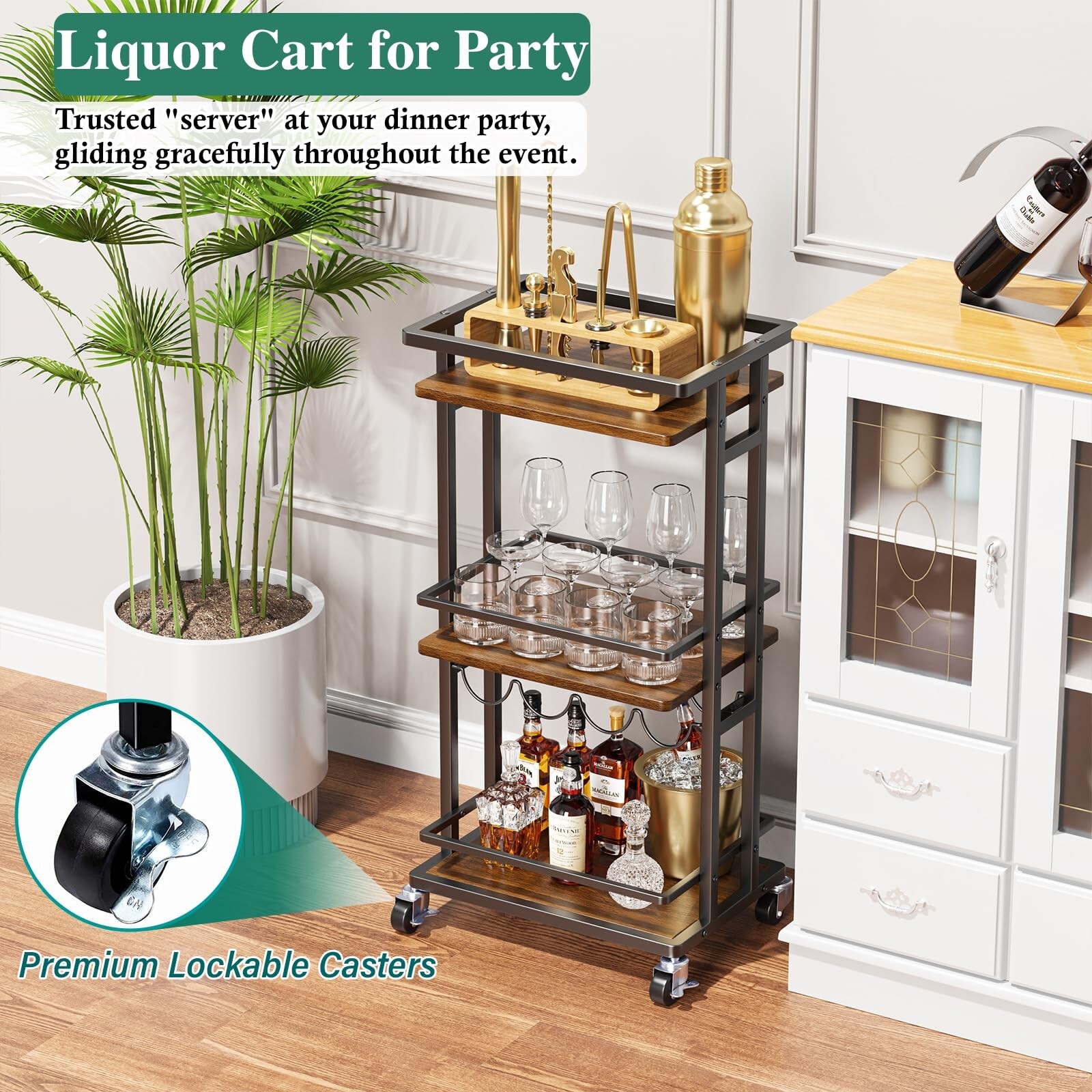4-Tier Liquor Cabinet with Wine Rack, Mini Bar Cart for Home, Small Liquor Ba...
