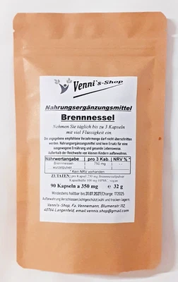 Brennnessel, 90 Kapseln, Wurzelpulver, Rohkostqualität, vennis-shop