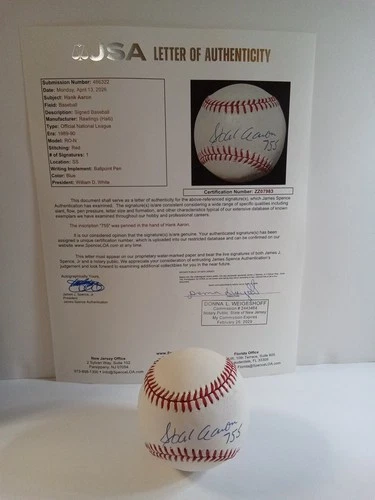 Hank Aaron Signed Inscribed "755" Official National League Baseball JSA LOA